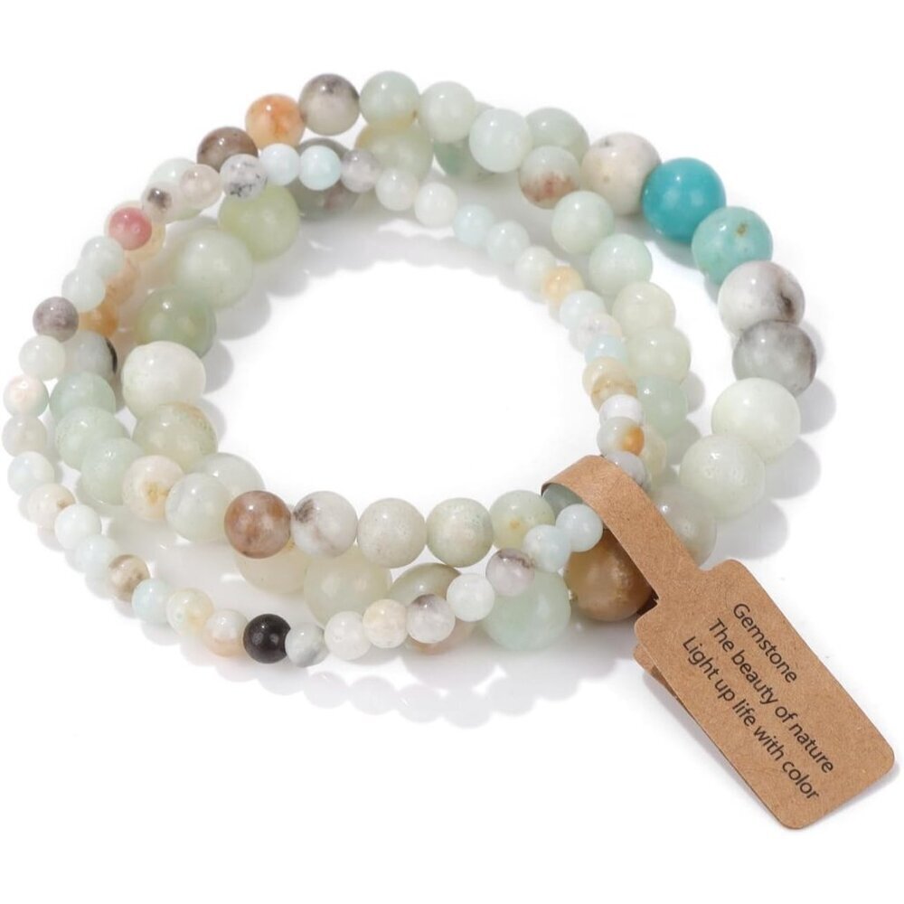 3PCS Amazonite Healing Crystal Natural Stone Beaded Stretch Bracelet for Women